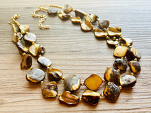 Load image into Gallery viewer, Chunky 2 Strand Strand Shell Statement Necklace, creamy yellow brown beaded jewelry, shell necklace jewelry, gold geometric diamond necklace