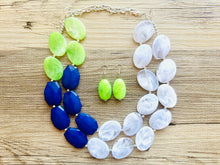 Load image into Gallery viewer, Color Block Double Statement Necklace, Chunky Jewelry Big Beaded Necklace, lime green navy blue & white Necklace, bead bubble earrings