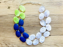 Load image into Gallery viewer, Color Block Double Statement Necklace, Chunky Jewelry Big Beaded Necklace, lime green navy blue & white Necklace, bead bubble earrings