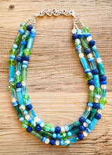 Load image into Gallery viewer, Green & Blue Statement Necklace, chunky bib beaded jewelry, navy royal blue necklace, dark blue beaded acrylic gray silver aqua turquoise