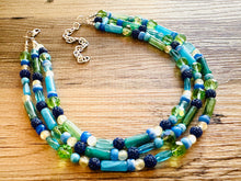 Load image into Gallery viewer, Green & Blue Statement Necklace, chunky bib beaded jewelry, navy royal blue necklace, dark blue beaded acrylic gray silver aqua turquoise