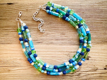 Load image into Gallery viewer, Green & Blue Statement Necklace, chunky bib beaded jewelry, navy royal blue necklace, dark blue beaded acrylic gray silver aqua turquoise
