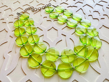 Load image into Gallery viewer, Big Bead Lime Necklace, 2 Strand Statement Jewelry, light green Chunky bib bridesmaid everyday bubble jewelry evergreen earrings transparent
