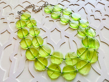 Load image into Gallery viewer, Big Bead Lime Necklace, 2 Strand Statement Jewelry, light green Chunky bib bridesmaid everyday bubble jewelry evergreen earrings transparent