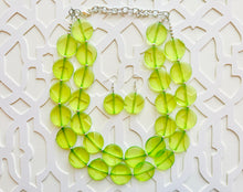 Load image into Gallery viewer, Big Bead Lime Necklace, 2 Strand Statement Jewelry, light green Chunky bib bridesmaid everyday bubble jewelry evergreen earrings transparent
