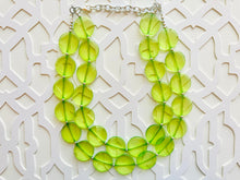 Load image into Gallery viewer, Big Bead Lime Necklace, 2 Strand Statement Jewelry, light green Chunky bib bridesmaid everyday bubble jewelry evergreen earrings transparent
