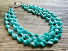 Load image into Gallery viewer, Turquoise Blue 3 Strand Statement Necklace, Chunky Gren Blue Twist Beaded Bib Jewelry earrings, blue jewelry set, turquoise jewelry