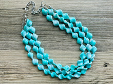 Load image into Gallery viewer, Turquoise Blue 3 Strand Statement Necklace, Chunky Gren Blue Twist Beaded Bib Jewelry earrings, blue jewelry set, turquoise jewelry