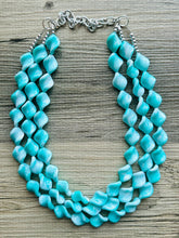 Load image into Gallery viewer, Turquoise Blue 3 Strand Statement Necklace, Chunky Gren Blue Twist Beaded Bib Jewelry earrings, blue jewelry set, turquoise jewelry