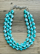 Load image into Gallery viewer, Turquoise Blue 3 Strand Statement Necklace, Chunky Gren Blue Twist Beaded Bib Jewelry earrings, blue jewelry set, turquoise jewelry