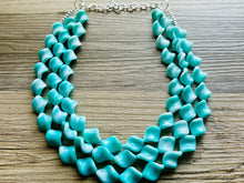 Load image into Gallery viewer, Turquoise Blue 3 Strand Statement Necklace, Chunky Gren Blue Twist Beaded Bib Jewelry earrings, blue jewelry set, turquoise jewelry