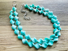 Load image into Gallery viewer, Turquoise Blue 2 Strand Statement Necklace, Chunky Gren Blue Twist Beaded Bib Jewelry earrings, blue jewelry set, turquoise jewelry