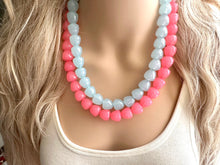 Load image into Gallery viewer, Gumdrop Blue & Pink Beaded Necklace, Colorful Chunky statement, 2 strand thick jewelry, rainbow baby confetti earrings hot pink periwinkle