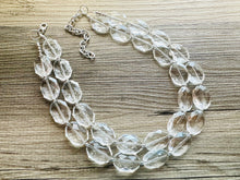 Load image into Gallery viewer, Faceted Resin Beaded Statement Necklace, Faceted Oval Bead Everyday neutral jewelry, silver accents chunky bib necklace, bridesmaid wedding
