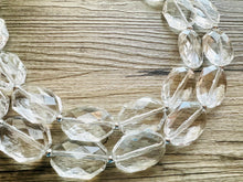 Load image into Gallery viewer, Faceted Resin Beaded Statement Necklace, Faceted Oval Bead Everyday neutral jewelry, silver accents chunky bib necklace, bridesmaid wedding