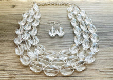 Load image into Gallery viewer, Faceted Resin Beaded Statement Necklace, 3 strand Oval Bead Everyday neutral jewelry, silver accents chunky bib necklace, bridesmaid wedding