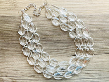Load image into Gallery viewer, Faceted Resin Beaded Statement Necklace, 3 strand Oval Bead Everyday neutral jewelry, silver accents chunky bib necklace, bridesmaid wedding