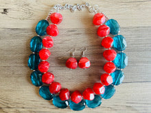 Load image into Gallery viewer, Teal & Cherry Red Necklace, multi strand jewelry, big beaded chunky statement necklace, red jewelry, bridesmaid necklace, turquoise bib