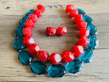 Load image into Gallery viewer, Teal & Cherry Red Necklace, multi strand jewelry, big beaded chunky statement necklace, red jewelry, bridesmaid necklace, turquoise bib