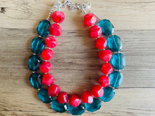 Load image into Gallery viewer, Teal & Cherry Red Necklace, multi strand jewelry, big beaded chunky statement necklace, red jewelry, bridesmaid necklace, turquoise bib