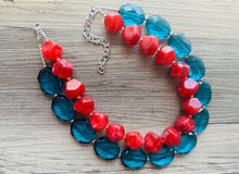Load image into Gallery viewer, Teal & Cherry Red Necklace, multi strand jewelry, big beaded chunky statement necklace, red jewelry, bridesmaid necklace, turquoise bib