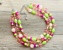 Load image into Gallery viewer, Honeydew Haven Chunky Statement Necklace, Coral beaded jewelry, Multi Strand Bib Necklace, Beaded necklace green pink blush hot magenta lime