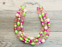 Load image into Gallery viewer, Honeydew Haven Chunky Statement Necklace, Coral beaded jewelry, Multi Strand Bib Necklace, Beaded necklace green pink blush hot magenta lime