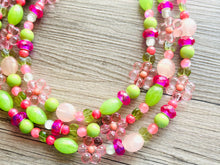 Load image into Gallery viewer, Honeydew Haven Chunky Statement Necklace, Coral beaded jewelry, Multi Strand Bib Necklace, Beaded necklace green pink blush hot magenta lime