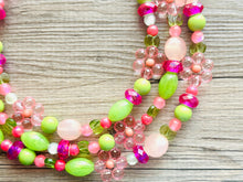 Load image into Gallery viewer, Honeydew Haven Chunky Statement Necklace, Coral beaded jewelry, Multi Strand Bib Necklace, Beaded necklace green pink blush hot magenta lime