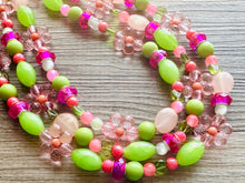 Load image into Gallery viewer, Honeydew Haven Chunky Statement Necklace, Coral beaded jewelry, Multi Strand Bib Necklace, Beaded necklace green pink blush hot magenta lime