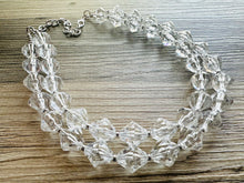 Load image into Gallery viewer, Bubble Clear Crystal Statement Necklace, Cone Faceted Beaded Everyday neutral jewelry, silver accents chunky bib necklace earring set