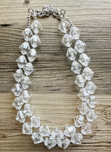 Load image into Gallery viewer, Bubble Clear Crystal Statement Necklace, Cone Faceted Beaded Everyday neutral jewelry, silver accents chunky bib necklace earring set