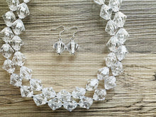 Load image into Gallery viewer, Bubble Clear Crystal Statement Necklace, Cone Faceted Beaded Everyday neutral jewelry, silver accents chunky bib necklace earring set
