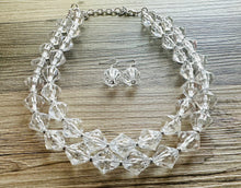 Load image into Gallery viewer, Bubble Clear Crystal Statement Necklace, Cone Faceted Beaded Everyday neutral jewelry, silver accents chunky bib necklace earring set