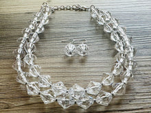 Load image into Gallery viewer, Bubble Clear Crystal Statement Necklace, Cone Faceted Beaded Everyday neutral jewelry, silver accents chunky bib necklace earring set