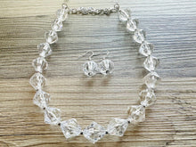 Load image into Gallery viewer, Bubble Clear Crystal Statement Necklace, Cone Faceted Beaded Everyday neutral jewelry, silver accents chunky bib necklace earring set