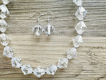 Load image into Gallery viewer, Bubble Clear Crystal Statement Necklace, Cone Faceted Beaded Everyday neutral jewelry, silver accents chunky bib necklace earring set