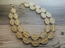 Load image into Gallery viewer, Gold Etched necklace and earrings, geometric beaded statement necklace, everyday metal chunky layering acetate oval gold clear resin set