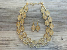 Load image into Gallery viewer, Gold Etched necklace and earrings, geometric beaded statement necklace, everyday metal chunky layering acetate oval gold clear resin set