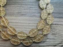 Load image into Gallery viewer, Gold Etched necklace and earrings, geometric beaded statement necklace, everyday metal chunky layering acetate oval gold clear resin set