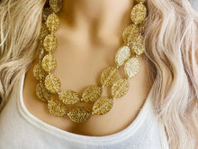 Load image into Gallery viewer, Gold Etched necklace and earrings, geometric beaded statement necklace, everyday metal chunky layering acetate oval gold clear resin set
