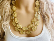 Load image into Gallery viewer, Gold Etched necklace and earrings, geometric beaded statement necklace, everyday metal chunky layering acetate oval gold clear resin set