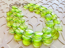 Load image into Gallery viewer, Big Bead Lime Necklace, 3 Strand Statement Jewelry, light green Chunky bib bridesmaid everyday bubble jewelry evergreen earrings
