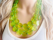 Load image into Gallery viewer, Big Bead Lime Necklace, 3 Strand Statement Jewelry, light green Chunky bib bridesmaid everyday bubble jewelry evergreen earrings