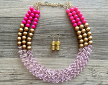 Load image into Gallery viewer, Gold Bubblegum & Blush Diamond Soirée Necklace, Beaded Triple Layer Necklace, bead statement necklace, pink beaded necklace earrings