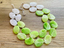 Load image into Gallery viewer, Color Block Double Statement Necklace, Chunky Jewelry Big Beaded Necklace, lime green & white Necklace, bead bubble earrings