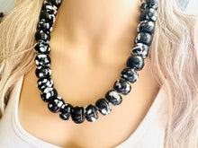 Load image into Gallery viewer, Black & White Chunky Statement Necklace single Strand Beaded jewelry, bridesmaid bib wedding, white bubble necklace resin