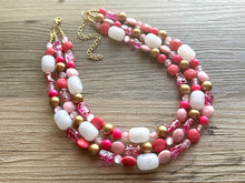 Load image into Gallery viewer, Gold & Hot Pink Party Necklace, Beaded Triple Layer Necklace, bead statement necklace, pink beaded earrings white blush pink