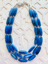 Load image into Gallery viewer, Royal Blue Triple Strand Statement Necklace, Chunky blue tube Beaded Bib Jewelry, blue jewelry, denim blue jewlery necklace silver