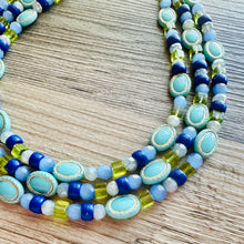 Load image into Gallery viewer, Peacock Blue Chunky Statement Necklace, big Beaded thick Jewelry, Triple Strand wedding or everyday dress, turquoise green blue earrings